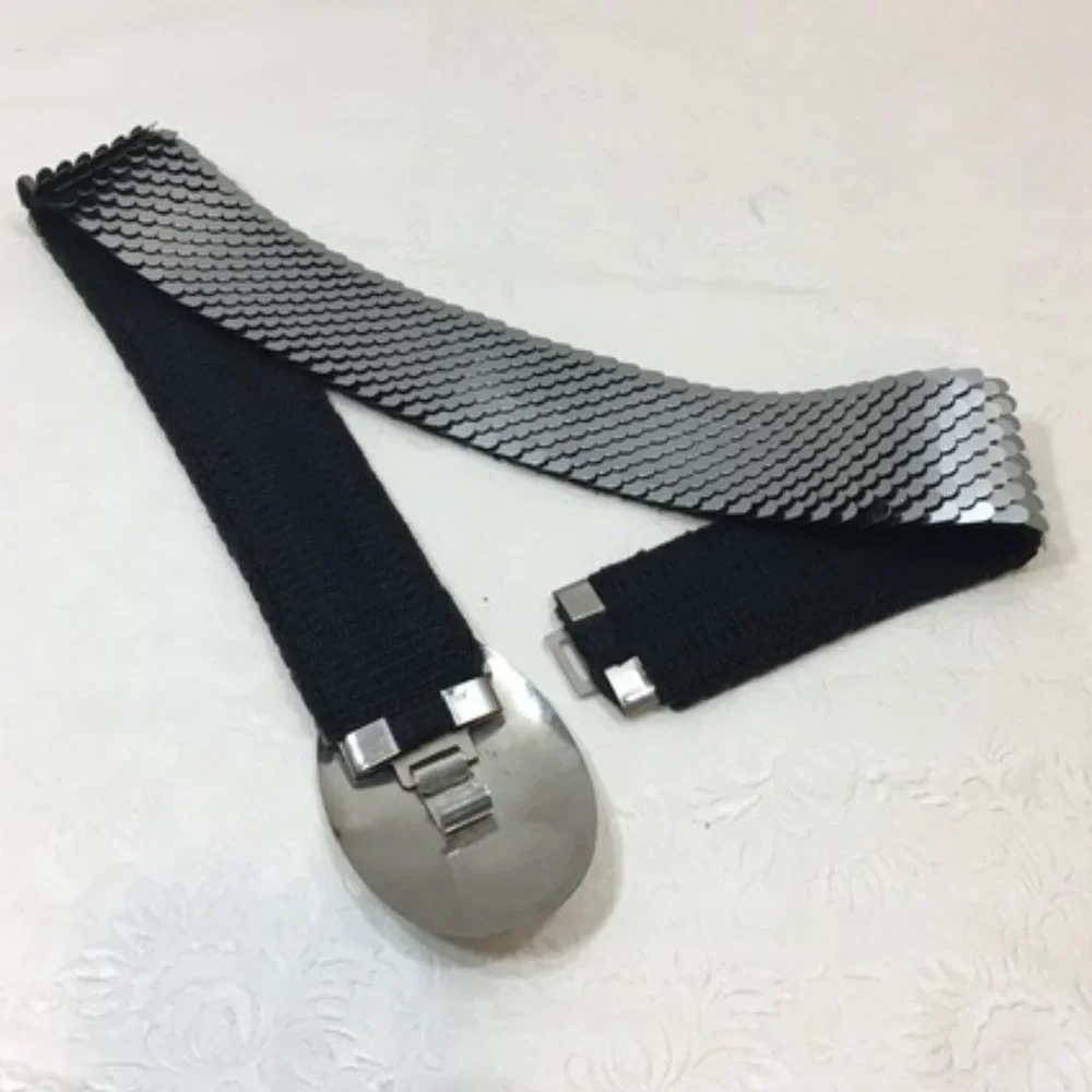 VTG 90's Shiny Silver Metal Reptile Scale Stretch Elastic Belt Silver Buckle